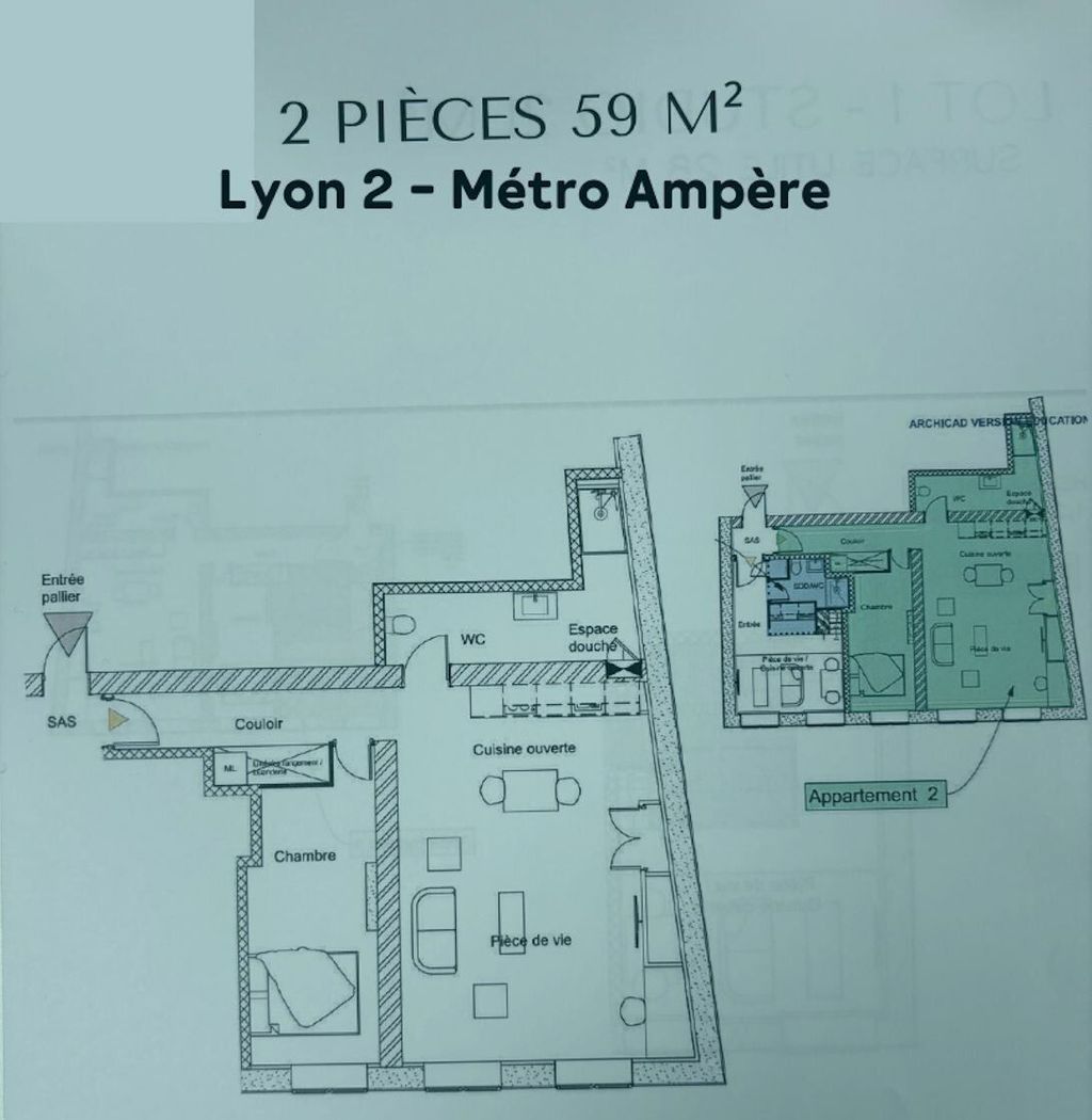 Achat appartement à vendre 2 pièces 59 m² - Lyon 2ème arrondissement