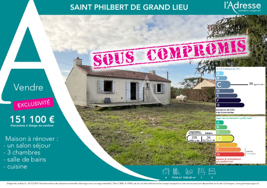 Achat maison à vendre 3 chambres 79 m² - Saint-Philbert-de-Grand-Lieu